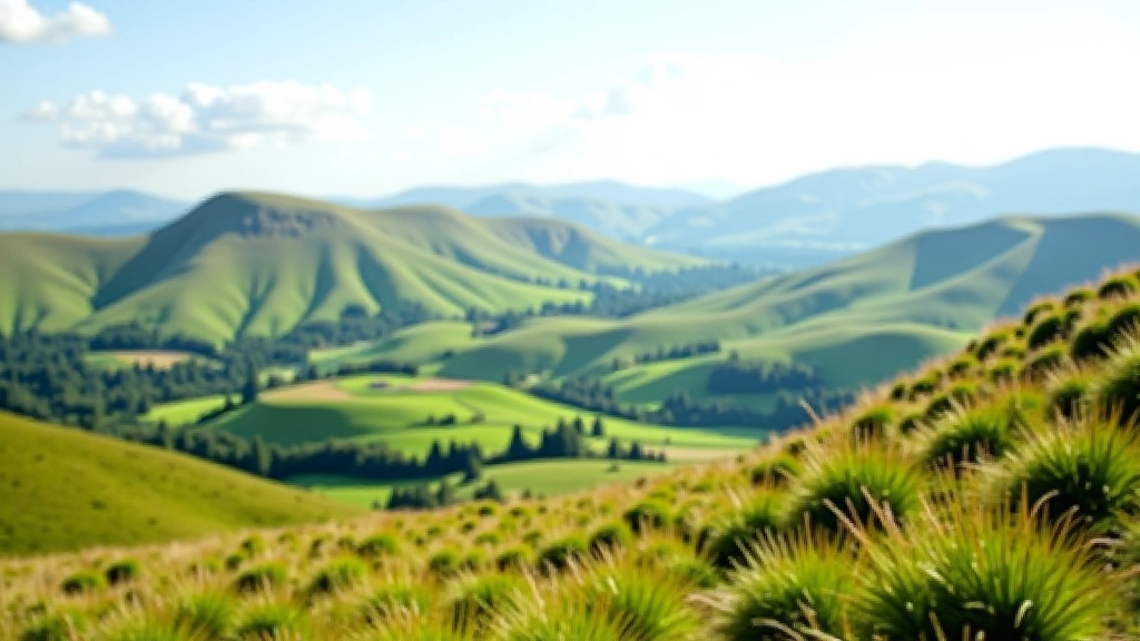 Scenic mountain trail with green rolling hills and clear blue sky, older adults walking peacefully