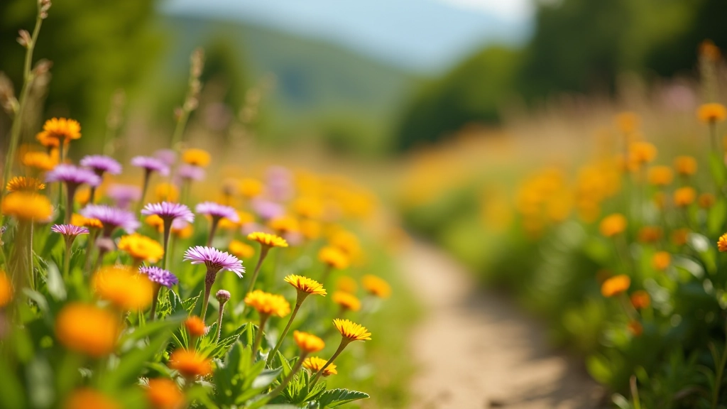 Close-up of wildflowers blooming along a gentle forest path