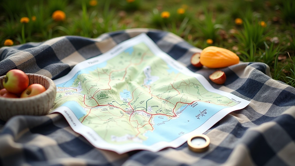 Trail map and compass resting on a picnic blanket with hiking snacks