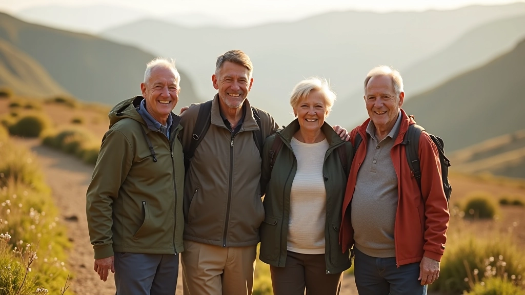 Group of older adults hiking together on a scenic trail
