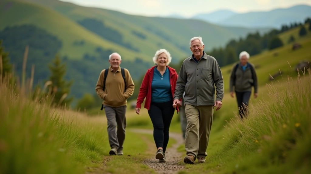 Group of older adults walking together on a mountain trail, smiling and enjoying conversation