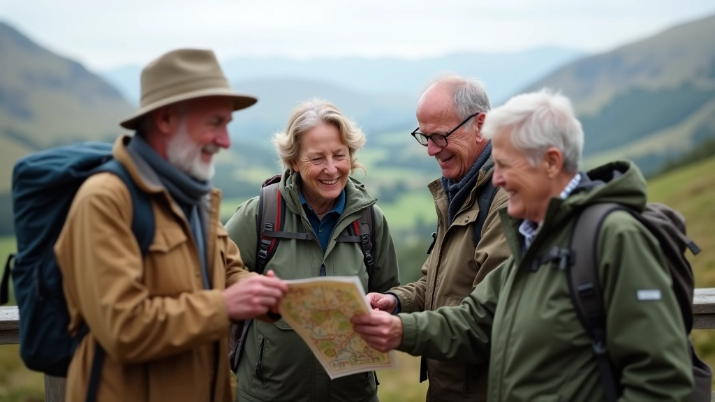 Group of hikers gathered at a scenic viewpoint on Slieve Bloom, discussing the trail ahead with maps in hand