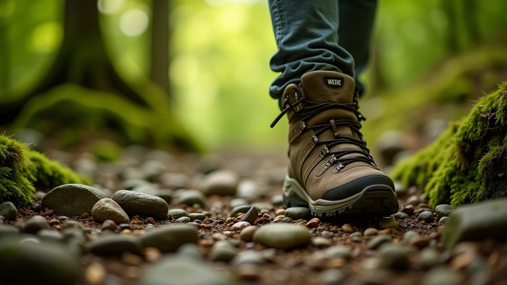 Close-up of hiking boot stepping on rocky mountain path with moss-covered stones, sunlight filtering through trees above