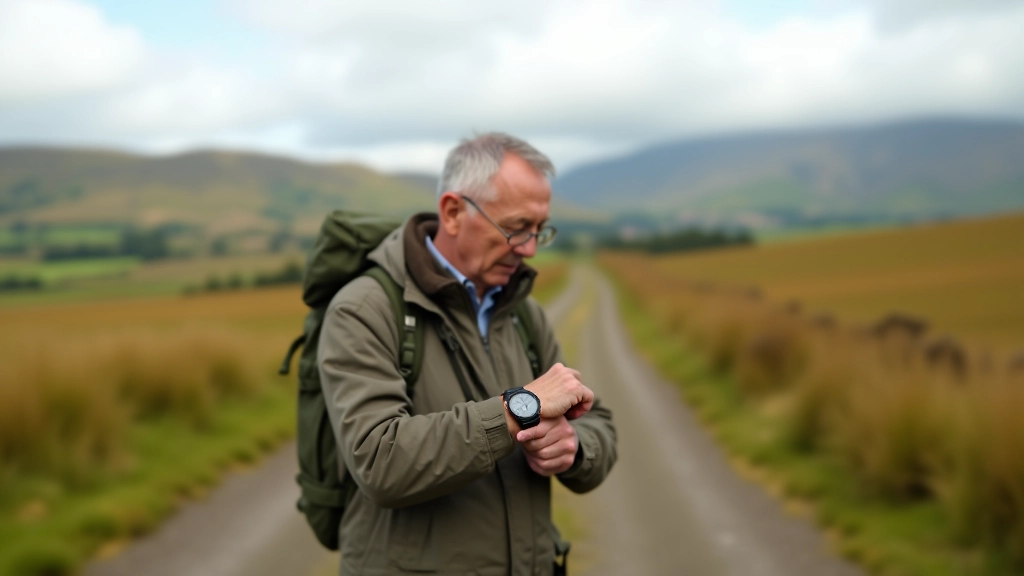 Older man checking watch on wrist while walking on flat country lane with fields stretching behind him