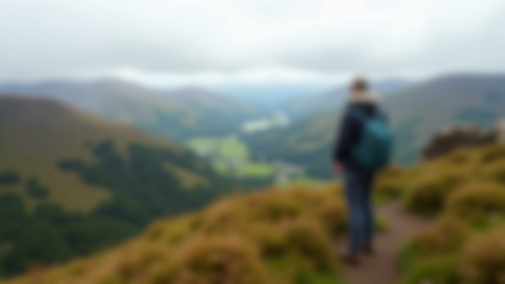 Experienced hiking guide demonstrating trail features on a scenic mountain overlook