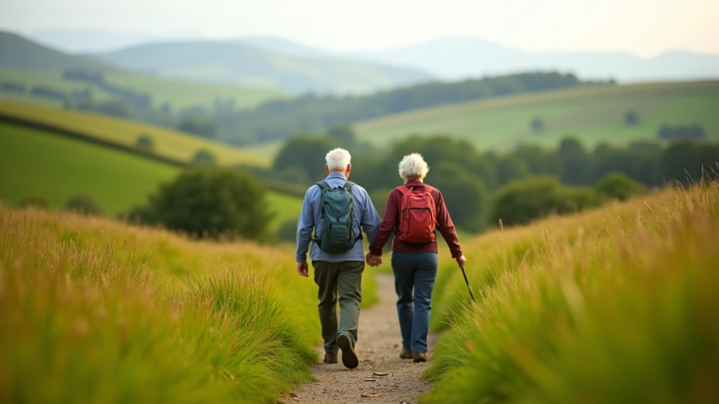 Older adults enjoying a gentle hike on a scenic mountain trail with green valleys