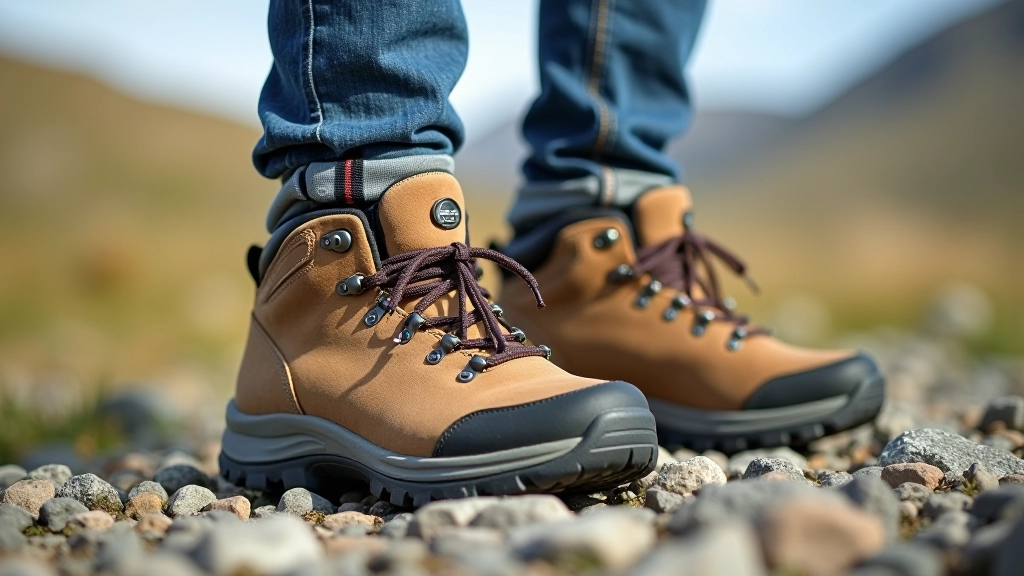 Close-up of sturdy waterproof hiking boots with deep tread on rocky terrain