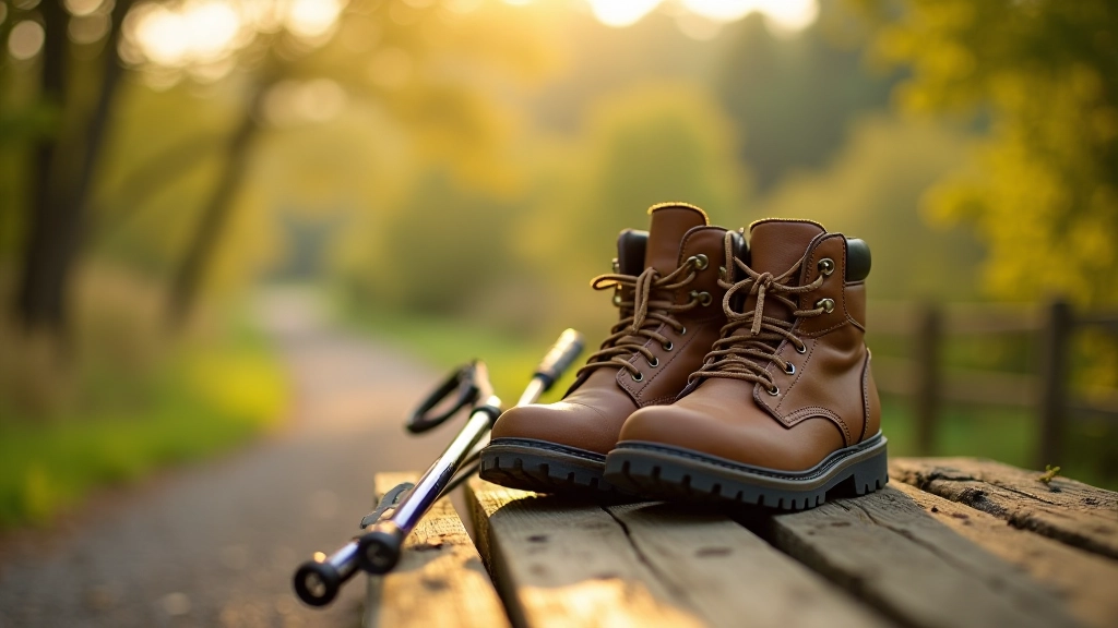 Comfortable hiking boots and walking poles on a wooden bench outdoors
