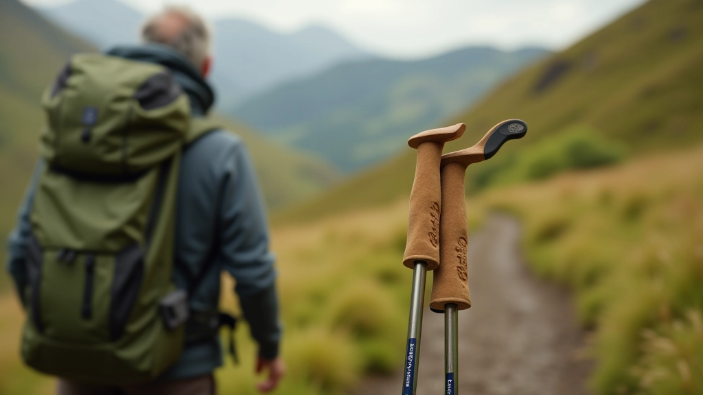 Lightweight trekking poles with ergonomic grips resting against a hiking backpack