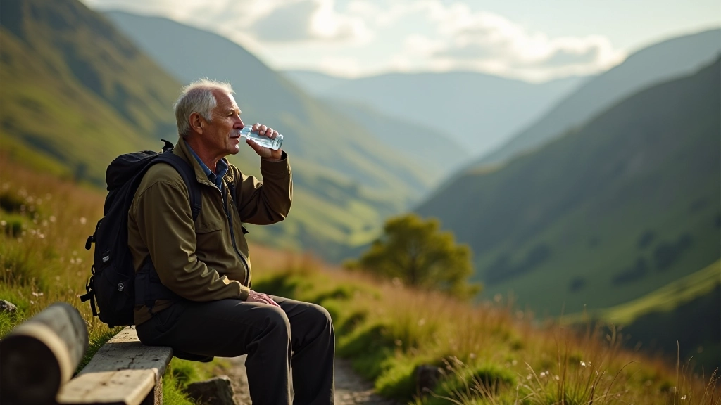 Hiker sitting on a trail taking a rest break with water bottle