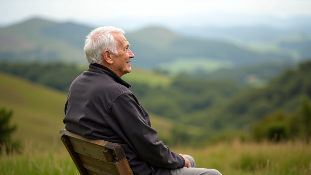 Older adult resting on a wooden bench overlooking a valley view