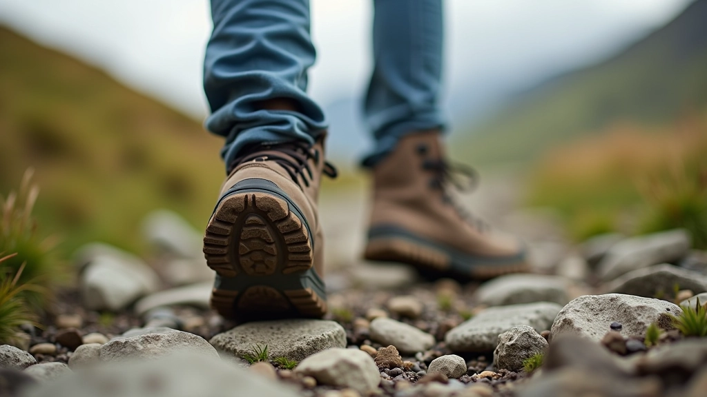 Close-up of hiking boots on a rocky trail with proper tread