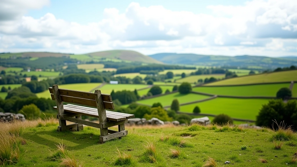 Wooden bench on hilltop overlooking rolling green countryside with scattered trees and stone walls under partly cloudy sky