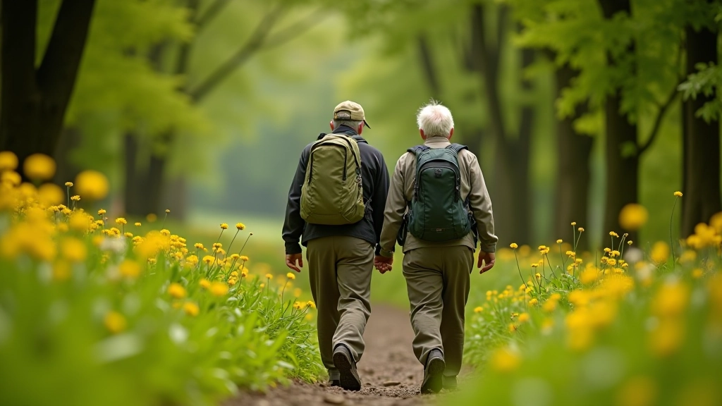 Older couple hiking on a gentle forest trail in Slieve Bloom Mountains with green trees