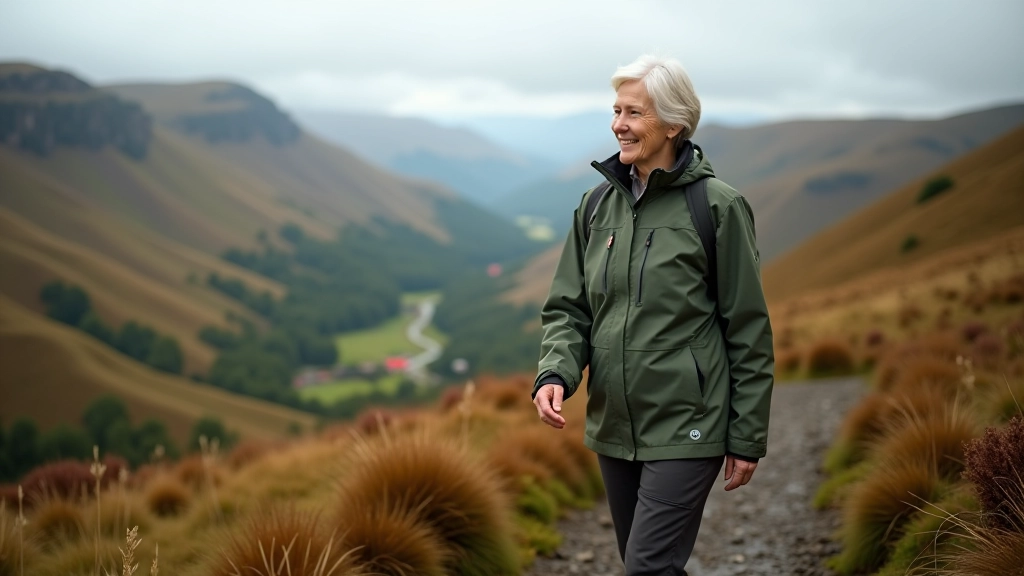 Older adult woman wearing hiking boots and waterproof jacket, standing on a mountain trail overlooking green valleys and distant hills