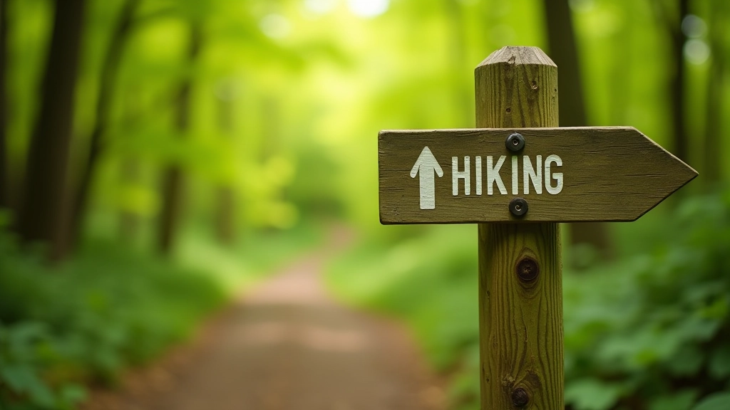 Wooden trail marker sign pointing the way on a shaded forest path